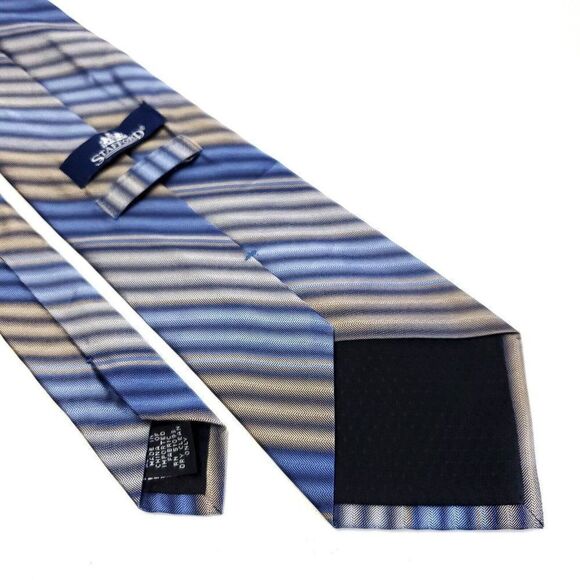 Stafford Blue Beige Striped Woven‎ Short Wide Silk Tie - Picture 5 of 6